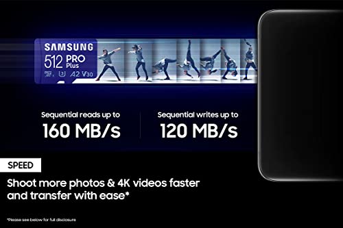 SAMSUNG PRO Plus + Reader 512GB microSDXC Up to 160MB/s UHS-I, U3, A2, V30, Full HD & 4K UHD Memory Card for Android Smartphones, Tablets, Go Pro and DJI Drone (MB-MD512KB/AM)