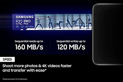 SAMSUNG PRO Plus + Reader 512GB microSDXC Up to 160MB/s UHS-I, U3, A2, V30, Full HD & 4K UHD Memory Card for Android Smartphones, Tablets, Go Pro and DJI Drone (MB-MD512KB/AM)