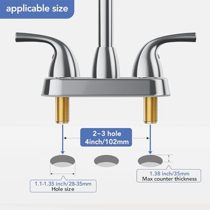 Phiestina Chrome 2 or 3 Hole Bathroom Sink Faucet 4 Inch Centerset, Two Handles Copper Faucet, with Metal Pop-up Drain Assembly with Overflow, CUPC Water Supply Line, BF02011-B11-C