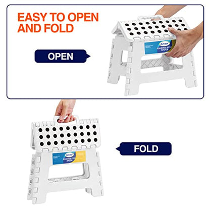 Korpai 9" Folding Step Stool for Adults and Kids Holds Up to 300 lbs,Non-Slip Folding Stools with Portable Handle, Compact Plastic Foldable Step Stool for Bathroom,Bedroom, Kitchen,White,2PC