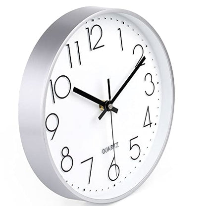 jomparis 10 Inch Silver Wall Clock Battery Operated Silent & Non-Ticking Wall Clock for Home Office Bathroom