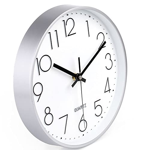 jomparis 10 Inch Silver Wall Clock Battery Operated Silent & Non-Ticking Wall Clock for Home Office Bathroom