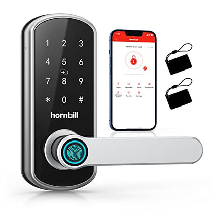 Smart Door Lock, Hornbill Keyless Entry Door Lock, Keypad Door Lock with Reversible Handle, Fingerprint Electronic Digital Front Door Lock, Free App, Keys, IC Cards and Passcodes for Home Office