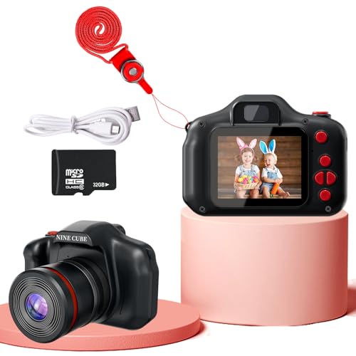 Kids Digital Camera, NINE CUBE Black Toddler Camera for Age 3-7 Kids, Best Gift for Girls Boys Long Lens Toy Video Camera,Mini Toys Gift for 3 4 5 6 Years Old,Children's Digital Camera with 32G Card