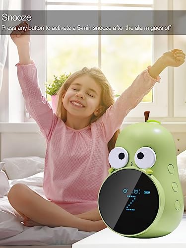 Alarm Clock for Kids: Cute Pear Design, Snooze, Triple Alarms, 5 Ringtones- Premium Digital Wake Up Clock for Children's Bedrooms - Rechargeable