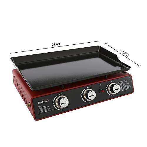 Royal Gourmet PD1301R Portable 24-Inch 3-Burner Table Top Gas Grill Griddle with Cover, 25,500 BTUs, Outdoor Cooking Camping or Tailgating, Red
