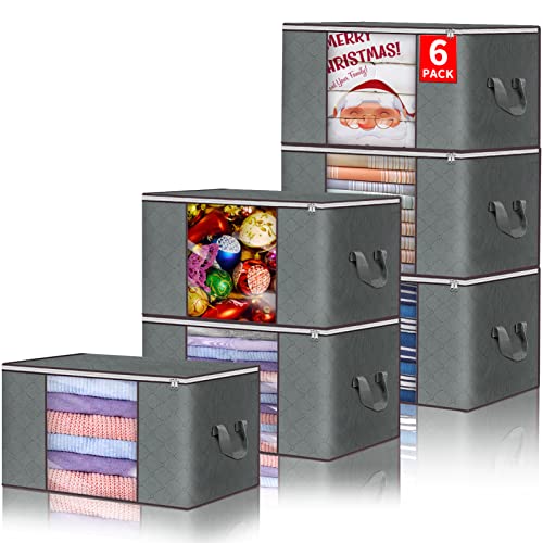 Clothes Storage Bags Large Capacity Clothes Storage Bins Foldable Closet Organizers Storage Containers with Durable Handles Thick Fabric for Blanket Comforter Clothing Bedding 6 Pack Gray
