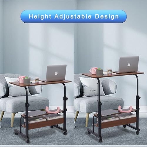 Adjustable Height Rolling Portable Desk with Wheels, Small Standing Desk Mobile 32 Inch Computer Desk for Small Space, Work Desk for Home Office with Storage Laptop Table Study Student Desk Brown
