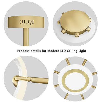 OUQI Dimmable Ceiling Light Fixture,Led Flush Mount Ceiling Light, Morden Gold Round Chandelier,7000K Ceiling Lights With Remote,Adjustable highness Chandelier For Dinning Room, Living Room,Bedroom