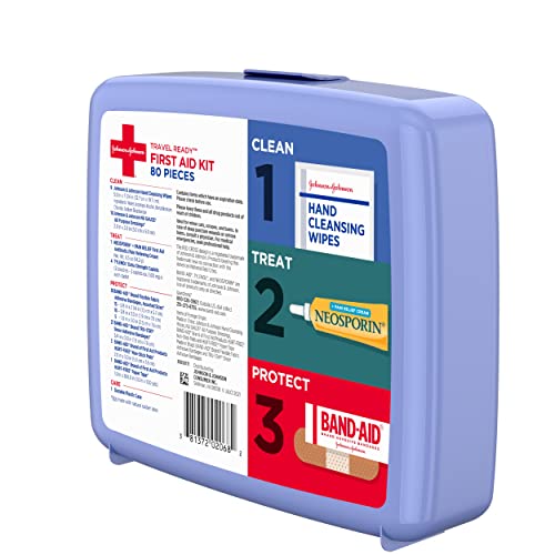 Band-Aid Travel Ready Portable Emergency First Aid Kit for Minor Wound Care with Assorted Adhesive Bandages, Gauze Pads & More, Ideal for Travel, Car & On-The-Go, 80 pc