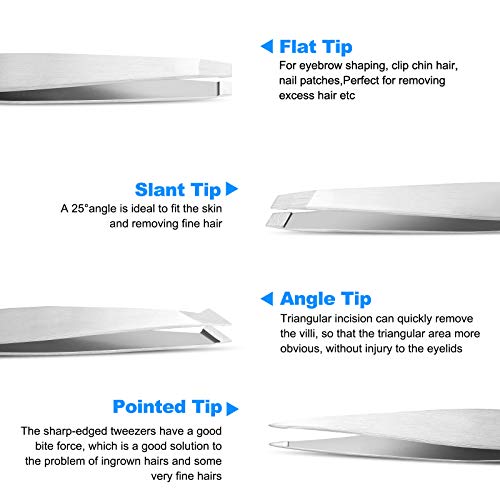 Tweezers Set, 4Pcs Eyebrows Tweezers and a Pair of Scissor with Leather Case, Great Precision for Eyebrow, Ingrown Hair, Splinter, Facial Hair Removal By HAWATOUR, Silver