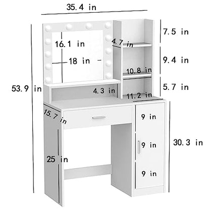 Palimder Vanity Desk with Mirror & Light, Large Drawer & Three Level Storage Dresser, 3 Lighting Modes Adjustable Brightness, Bedroom Dressing Table (White)