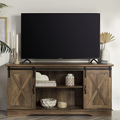 Walker Edison Richmond Modern Farmhouse Sliding Barn Door Stand for TVs up to 65 Inches, Without Fireplace, Rustic Oak