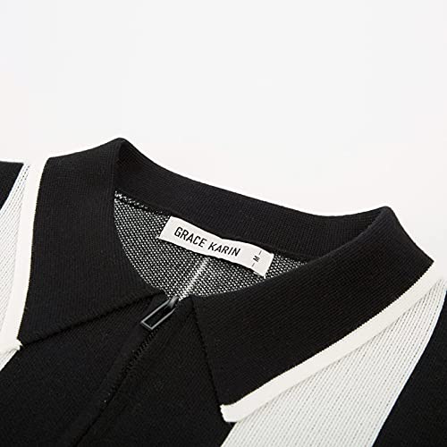 Men's Quarter Zip Polo Knitted Pullover Sweater Casual Contrast Striped Lapel Collar Long Sleeve Sweater Tops Black M