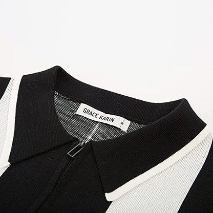 Men's Quarter Zip Polo Knitted Pullover Sweater Casual Contrast Striped Lapel Collar Long Sleeve Sweater Tops Black M
