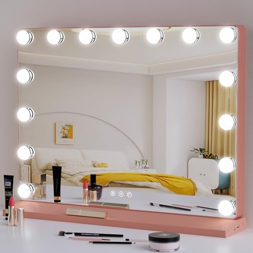 LOWIXI Vanity Mirror with Lights for Girl Gift 23"X18",Makeup Mirror with 15 Hollywood Bulbs 3 Colors Setting,Smart Control USB Charging Port,Aluminum Frame,Rose Gold + Free Item!