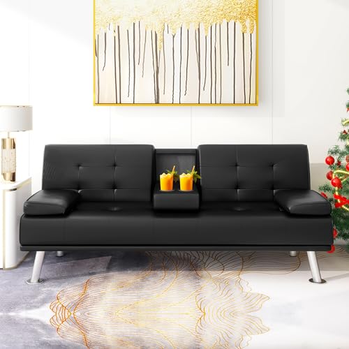 B Futon Sofa Bed, Modern Faux Leather Futon Sofa Bed with 2 Cup Holders and Pillows, Convertible Folding Futon Couch for Compact Living Space, Dorm, Offices, Black