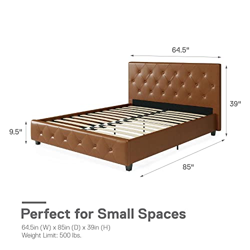 DHP Dakota Upholstered Platform Bed with Diamond Button Tufted Headboard and Footboard, No Box Spring Needed, Queen, Camel Faux Leather