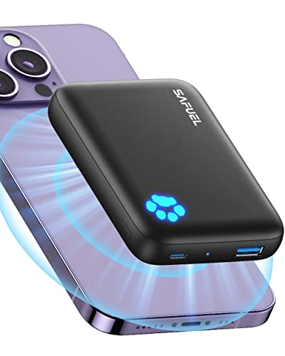 SAFUEL Magnetic Portable Charger, 10000mAh Wireless Magnetic Power Bank, 20W PD QC3.0 Fast Charging Battery Bank, USB C in&Out Battery Pack for iPhone 14 13 12 Pro Max Mini Plus and Magnetic Case