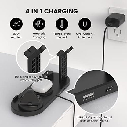 Magnetic Wireless Charger, 4 in 1 Wireless Charging Station Multiple Devices for Apple iPhone 15/15 Pro/15 Plus/15 Pro Max, 14,13,12 Pro/Max/Mini/Plus, AirPods, Apple Watch - Black