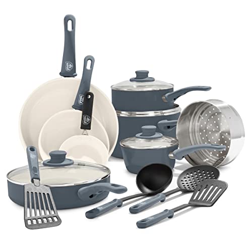 GreenLife Soft Grip Healthy Ceramic Nonstick 16 Piece Kitchen Cookware Pots and Frying Sauce Saute Pans Set, PFAS-Free with Kitchen Utensils and Lid, Dishwasher Safe, Quartz Gray