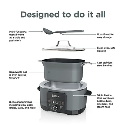 Ninja MC1001C Foodi PossibleCooker PRO 8.5 Quart Multi-Cooker, with 8-in-1 Slow Cooker, Dutch Oven, Steamer & More, Glass Lid & Integrated Spoon, Nonstick, Oven Safe Pot to 500°F, Sea Salt Gray