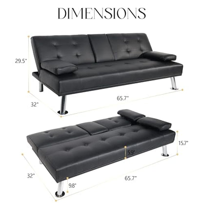 B Futon Sofa Bed, Modern Faux Leather Futon Sofa Bed with 2 Cup Holders and Pillows, Convertible Folding Futon Couch for Compact Living Space, Dorm, Offices, Black