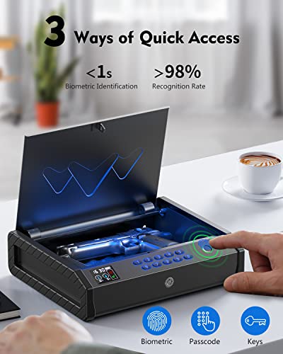 HOLEWOR Gun Safe, Biometric Gun Safes for Pistols with LCD Display of Temperature Humidity, Fingerprint Quick Access Pistol Safe Sturdy Handgun Safe with USB C Port Black