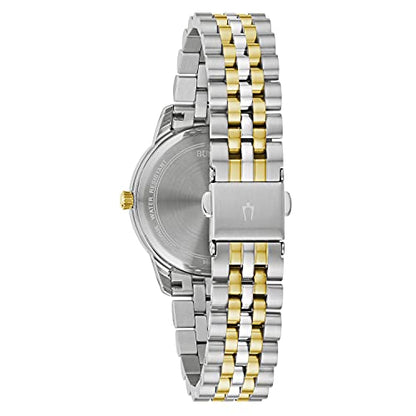 Bulova Ladies' Classic Diamond Two-Tone Gold Stainless Steel 3-Hand Calendar Date Quartz Watch, Silver Dial Style: 98P197
