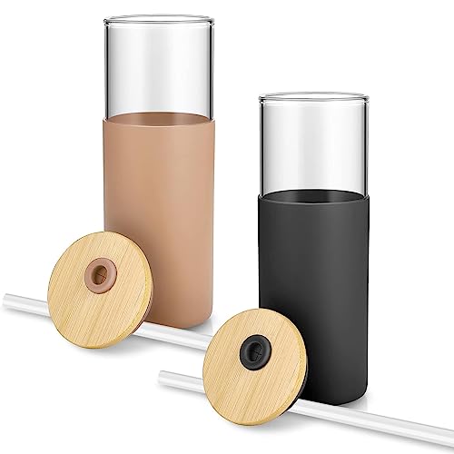HeroFiber 20 oz Glass Tumbler with Straw and Lid, Bamboo Lids Water Bottle, Iced Coffee Cup Reusable, Straw Silicone Protective Sleeve – 2 Amber & 2 Black