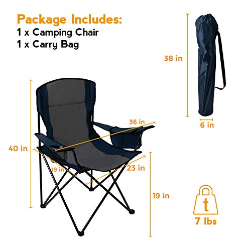 Pacific Pass Quad Camp Chair w/ Built-In Cooler and Cup Holder, Includes Carry Bag - Navy/Gray
