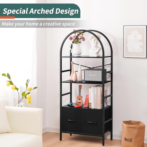Yoobure Arched Bookshelf with Drawers, 4 Tier Book Shelf Storage Shelves, Industrial Bookcase Book Organizer for Bedroom Office, Tall Metal Bookshelves, Open Book Case Display Standing Shelf Unit