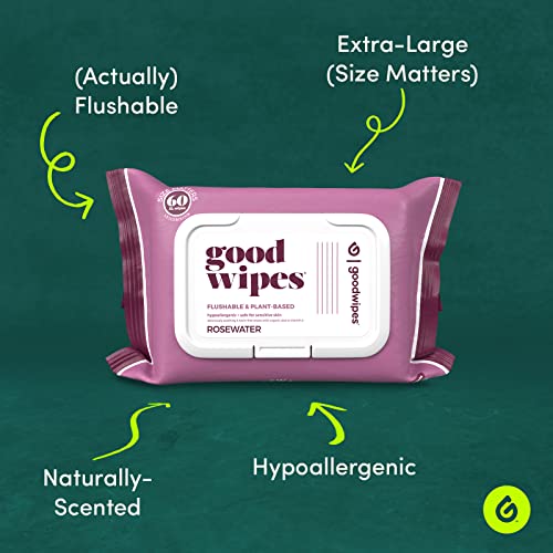 Goodwipes Flushable Wipes Made w/Soothing Botanicals & Aloe – Soft & Gentle Wet Wipe Dispenser for Home Use, Septic & Sewer Safe – Largest Adult Toilet Wipes – Rosewater, 480 count (8 packs)