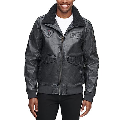 Tommy Hilfiger Men's Faux Leather Bomber Jacket, Black/Patches