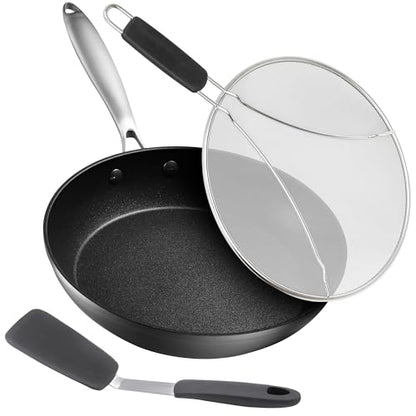 Frying Pans Nonstick - 10" Non Stick Frying Pan with Lid Splatter Screen - Lightweight Aluminum Fry Pan Skillet Includes Spatula - 2" Deep Egg Pan, PFAS-Free and PFOA Free, Dishwasher Safe, Oven Safe