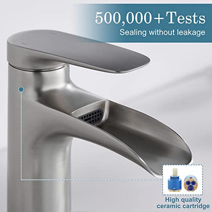 Brushed Nickel Bathroom Faucet, YardMonet Waterfall Bathroom Faucet with Pop Up Drain Single Hole Bathroom Faucet, Single Handle Bathroom Sink Faucet, RV Faucet Brass