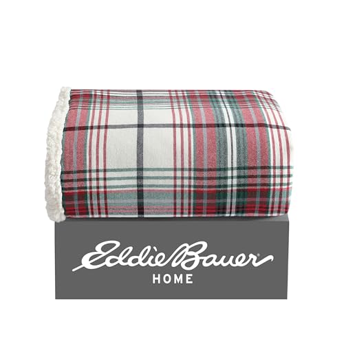 Eddie Bauer - Throw Blanket, Cotton Flannel Home Decor, All Season Reversible Sherpa Bedding (Montlake Plaid Red, Throw)