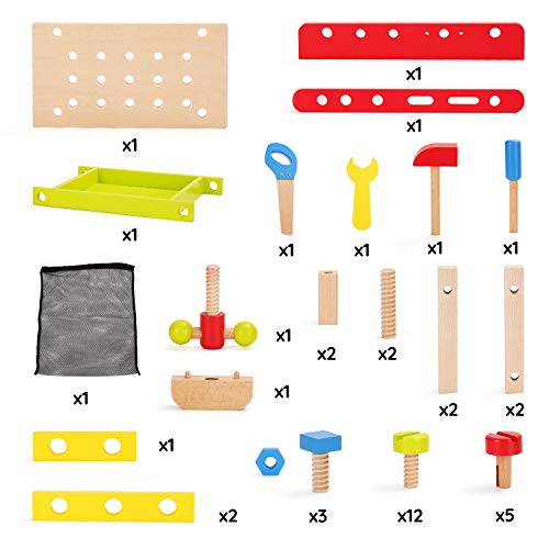 SainSmart Jr. Wooden Bench Wooden Workbench with Tools for Toddlers, Kids Creative Wooden Building Set Construction Toy for 3+ Years Old and up
