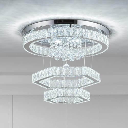 Zswanbei 19.6" Crystal LED Chandelier Pendant Light Fixture Stainless Steel 3 Ring Modern Ceiling Lamps for Living Room Dining Room Bedroom (Cool White)