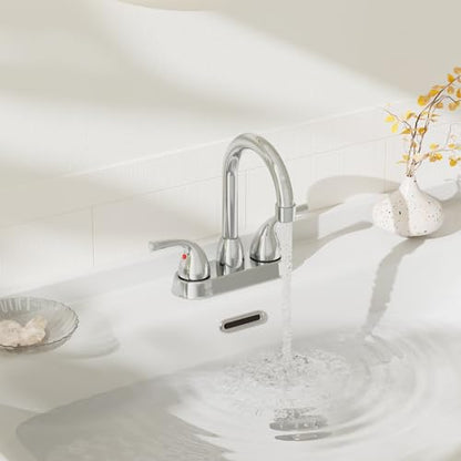 Phiestina Chrome 2 or 3 Hole Bathroom Sink Faucet 4 Inch Centerset, Two Handles Copper Faucet, with Metal Pop-up Drain Assembly with Overflow, CUPC Water Supply Line, BF02011-B11-C