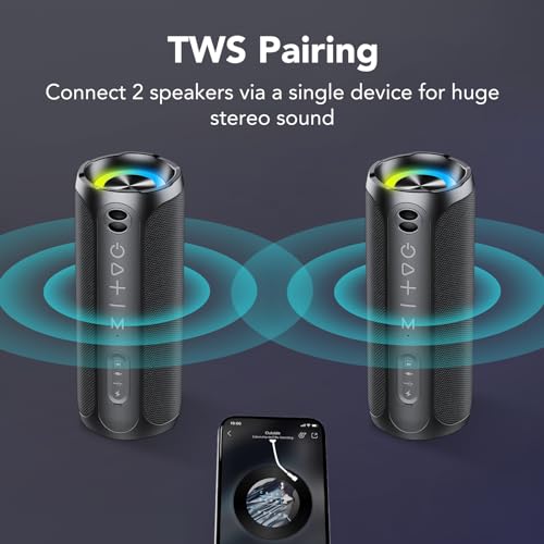Portable Bluetooth Speakers, IPX7 Waterproof Speaker Bluetooth Wireless, 20W Loud Stereo Sound, 24H Playtime, RGB Lights, Dual Pairing, Bluetooth 5.3 Wireless Speaker for Travel Outdoor Home