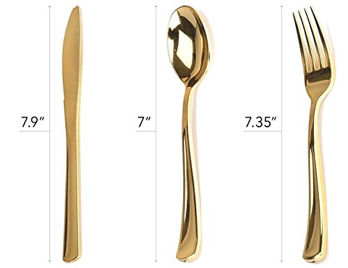 125-Piece White and Gold Fancy Plastic Plates Disposable with Silverware, Elegant Dinnerware for Weddings, Holiday Party China, Set of 25 Dinner + Salad Plates, 25 Spoons, 25 Forks, 25 Knives