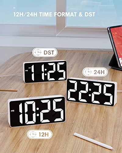 Mesqool Digital Alarm Clock for Bedroom, White, 7-Inch Screen, Adjustable Brightness, Loud Alarm, USB Charger, 12H/24H Time Format, Night Light, Dual Alarms, 18-Month Warranty