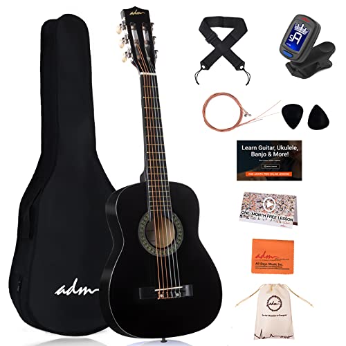 ADM Beginner Acoustic Classical Guitar 30 Inch Nylon Strings Wooden Guitar Bundle Kit for Kid Boy Girl Student Youth Guitarra Free Online Lessons with Gig Bag, Strap, Tuner, String, Pick, Black Color