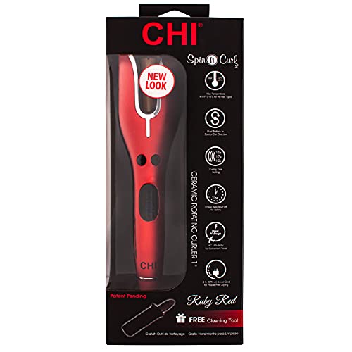 CHI Spin N Curl Ceramic Rotating Curler, Ruby Red. Ideal for Shoulder-Length Hair between 6-16” inches.