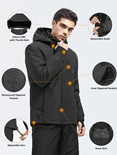 FREE SOLDIER Men's Waterproof Ski Snow Jacket Fleece Lined Warm Winter Rain Jacket with Hood Fully Taped Seams(Black,M)