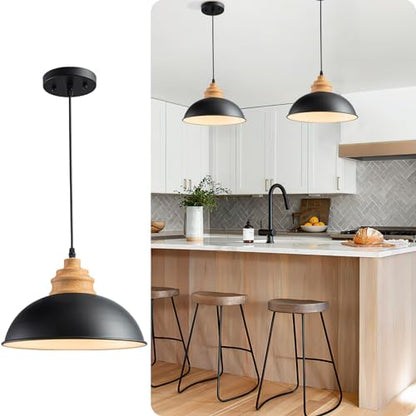 Karjearl Black Industrial Pendant Light, Farmhouse Wood Hanging Light Fixture with Wood Pattern Shade, Modern Dome Pendant Light for Kitchen Island Dining Room Hallway Bedroom
