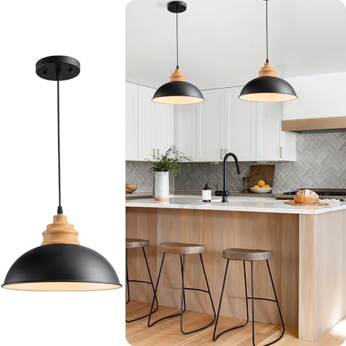 Karjearl Black Industrial Pendant Light, Farmhouse Wood Hanging Light Fixture with Wood Pattern Shade, Modern Dome Pendant Light for Kitchen Island Dining Room Hallway Bedroom