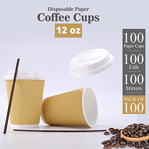 UPDATE: ALIVE AGAIN! PALERMOS [12 oz-100 Pack Disposable Coffee Cups with Lids 12 Oz- To Go Coffee Paper Cups with Lids & Stirrers - Hot/Cold Paper Coffee Cups for Drinks, Tea, Coffee -Hot Cups for Shops, Cafes, Home