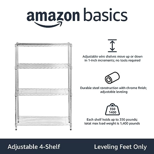 Amazon Basics 4-Shelf Adjustable, Heavy Duty Storage Shelving Unit (350 lbs loading capacity per shelf), Steel Organizer Wire Rack, Chrome Silver, 36" L x 14" W x 54" H